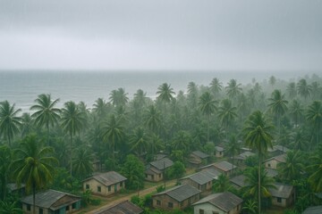Obraz premium Coastal Village Under Rain: Tropical Scenery with Palm Trees, Ocean, and Traditional Homes in West Africa