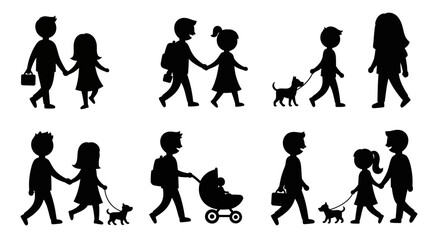 Fototapeta premium Silhouette family figures portraying diverse scenarios of everyday life together