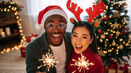 Happy interracial couple celebrating Christmas with sparklers at home. Festive man and woman in a Santa hat and reindeer antlers enjoying the New Year's holiday