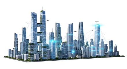 Fototapeta premium Futuristic cityscape featuring tall skyscrapers, connected by glowing digital lines, and flying drones.