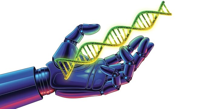 A robotic hand holds a glowing, green and yellow DNA double helix strand.