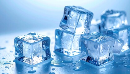 Close Up Macro Shot Of Clear Ice Cubes Stacked And Melting On A Reflective Light Blue Surface With Water Droplets In Soft Ambient Lighting