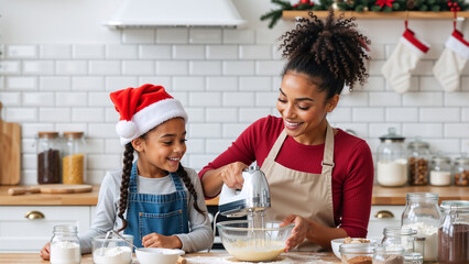 Happy African American mother and daughter baking Christmas cookies in the kitchen. Black family enjoying a festive holiday tradition at home