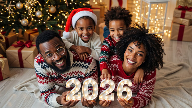Happy black family celebrating Christmas and the New Year 2026. Parents and two sons in festive sweaters holding illuminated numbers at home