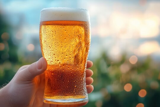 hand holding a cold glass of amber beer with condensation droplets and foam head against blurred outdoor background