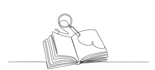Open book with magnifying glass in continuous line art drawing style. Research and knowledge symbol. Black linear design isolated on white background.