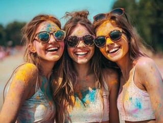 Three young women smiling and posing together outdoors wearing sunglasses and white tank tops covered in colorful powder during a festive event