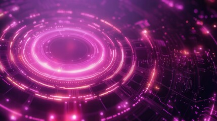 Glowing circular digital interface with neon pink and purple lights, futuristic technology visualization with data points and circuit-like structures