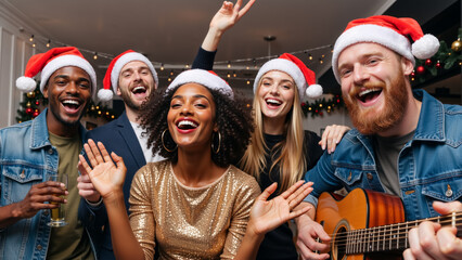 A diverse group of happy friends in Santa hats celebrating Christmas. Young people singing and playing guitar at a holiday party. New Year's Eve fun and togetherness
