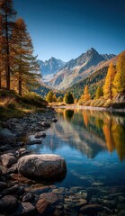 Fototapeta premium Scenic Mountain Lake Reflecting Autumn Colors and Clear Sky, Tranquil Nature Landscape, Vertical