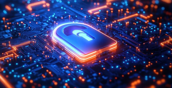 Glowing digital lock icon on a futuristic circuit board symbolizing cybersecurity and data protection