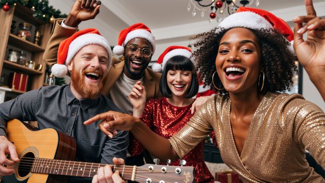 Happy multicultural friends singing and playing guitar at a Christmas party. A diverse group of people in Santa hats celebrating the New Year holiday together at home