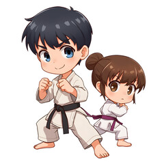 Chibi anime boy and girl practicing martial arts in a gi, cute action pose, isolated on transparent background