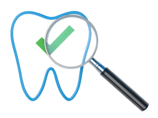 Tooth with magnifying glass and check mark isolated on transparent background