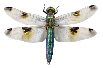 Close up view of a beautiful dragonfly with patterned wings against a black background