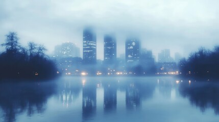 Foggy city skyline with tall buildings and glowing lights reflecting on calm water, surrounded by bare trees creating a mysterious and serene atmosphere