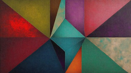 Abstract geometric composition with colorful triangular shapes converging towards the center creating a dynamic and vibrant visual effect