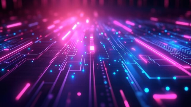 Digital futuristic glowing circuit board with neon pink and blue lights symbolizing advanced technology and connectivity