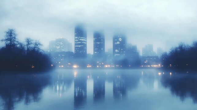 Foggy city skyline with tall buildings and glowing lights reflecting on calm water, surrounded by bare trees creating a mysterious and serene atmosphere