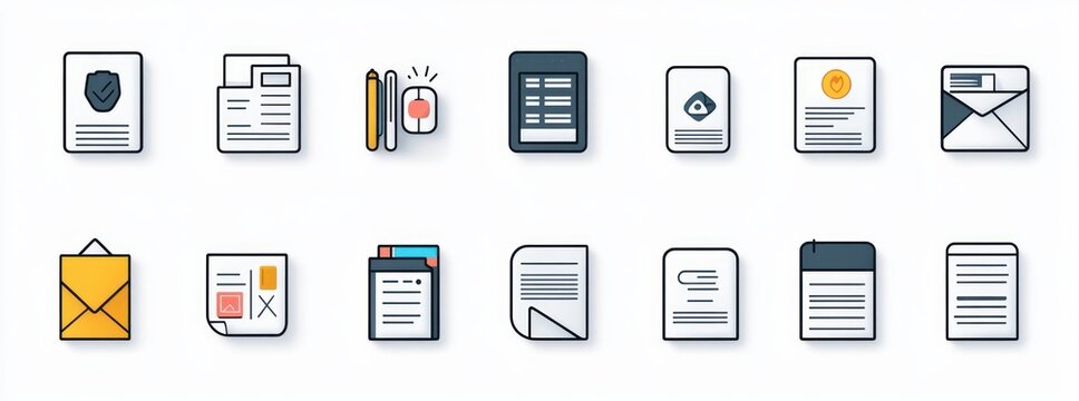 Collection of various document and office-related icons including papers, envelopes, clipboard, pen, mouse, and notepad with colorful accents on a white background