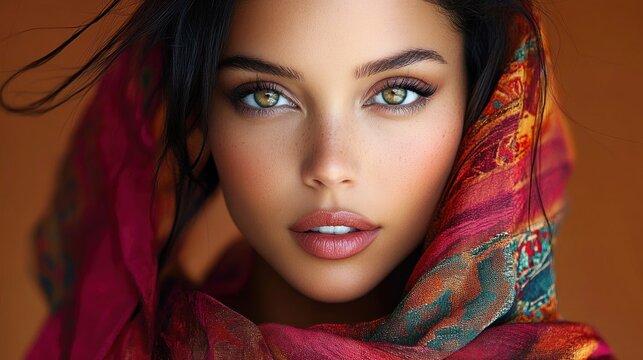 Close-up portrait of a young woman with green eyes, perfectly applied makeup, and soft natural freckles wearing a vibrant, colorful headscarf against a warm background