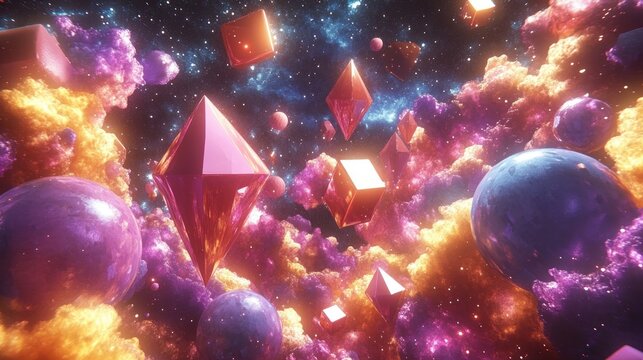 Surreal cosmic scene with floating metallic pyramids and cubes among vibrant pink, purple, and golden clouds with distant stars and planets creating a mystical atmosphere