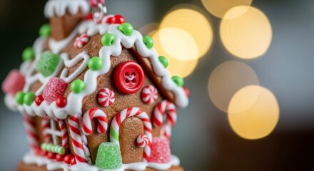 Obraz premium Festive Gingerbread House with Bokeh Lights.