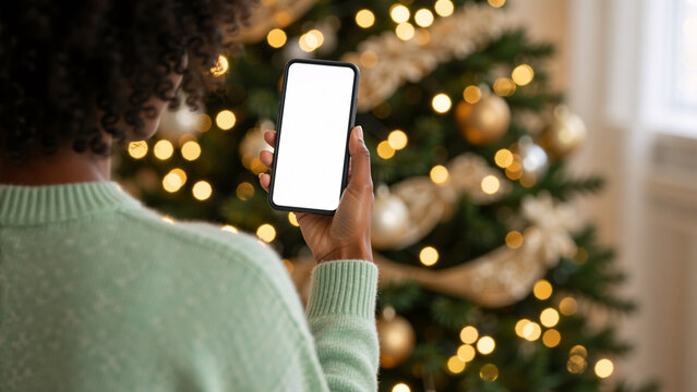 Black woman holding a smartphone with a blank white screen for mockup. Over the shoulder view with a festive Christmas tree background. Holiday technology and communication concept