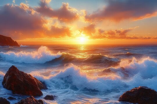 Vibrant sunset over ocean waves crashing against rocky coastline with colorful clouds in the sky creating a dramatic and serene atmosphere