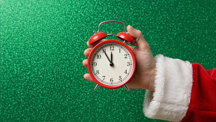 Santa Claus's hand holding a red alarm clock counting down to midnight. Festive Christmas and New Year's Eve concept on a green glitter background with copy space