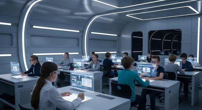 Students in a futuristic classroom work at glowing interactive computer desks.