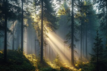 Obraz premium Sunlight beams piercing through tall pine trees in a misty forest creating a serene and mystical atmosphere