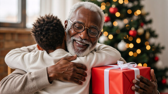 Happy African American grandfather hugging his grandson and receiving a gift for Christmas. Senior black man and child sharing a loving embrace with a gift box. Family holiday celebration