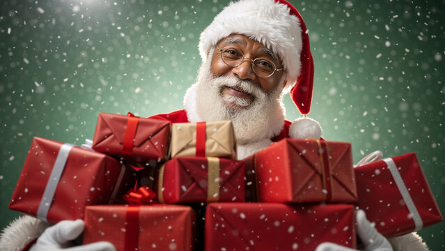 Portrait of a cheerful Black Santa Claus holding many Christmas gifts against festive green background wittj snowflakes and bokeh - Powered by Adobe