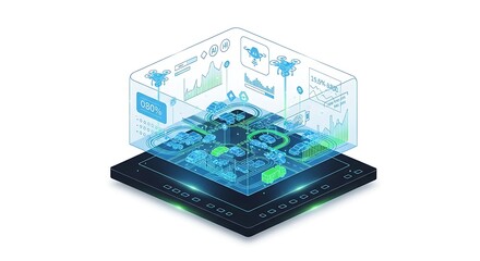 Isometric view of a digital interface displaying data visualizations and interactive elements.