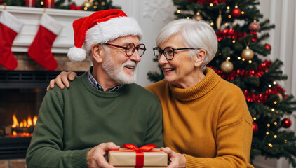 Happy senior couple exchanging a gift at Christmas. Elderly man in a Santa hat and his wife smiling and exchanging gifts at home by the fireplace and decorated tree