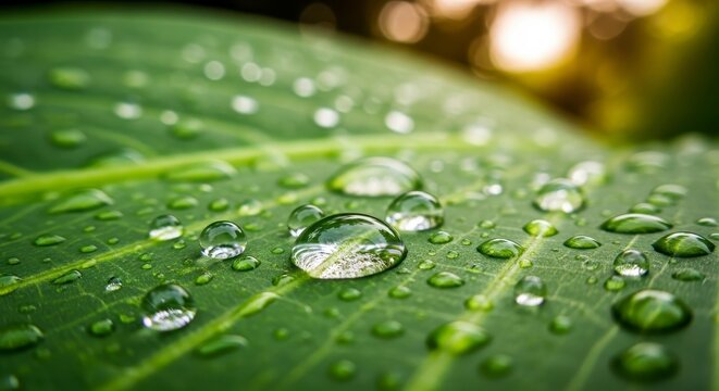 Raindrops on Green Leaf Nature Macro Closeup. - Powered by Adobe