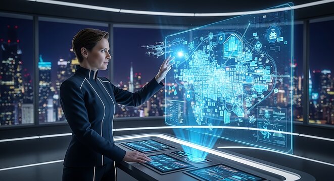 A woman interacts with a futuristic holographic display, analyzing data in a modern office.