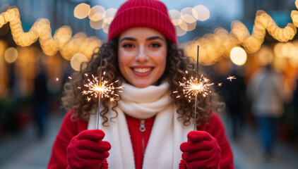 Blurred portrait of smiling woman holding burning sparklers at a festive winter market. Happy young girl with curly brown hair celebrating Christmas and New Year's Eve outdoors at night
