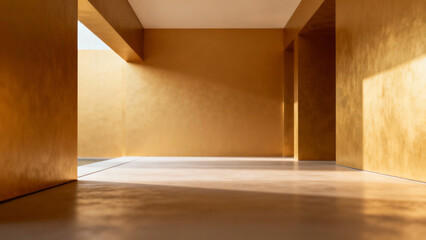 Fototapeta premium Geometric interior with warm amber and gold tones, clean lines. real-estate listings, architecture portfolios, designed for real-estate listing and luxury residence showcases.
