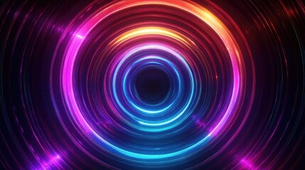 Obraz premium Bright glowing concentric neon rings in shades of pink, purple, blue, and orange creating a vibrant futuristic tunnel effect with light reflections
