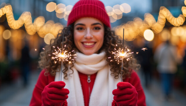 Blurred portrait of smiling woman holding burning sparklers at a festive winter market. Happy young girl with curly brown hair celebrating Christmas and New Year's Eve outdoors at night