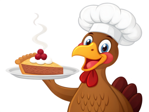 Cartoon turkey chef holding a pie isolated on transparent background