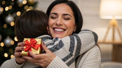 Happy mother hugging her child while receiving and holding  a Christmas gift. Loving family celebrating the festive winter holidays at home.  Exchanging Christmas presents