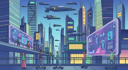 Obraz premium Futuristic cityscape with flying vehicles, pedestrians, and large screens displaying AI information.