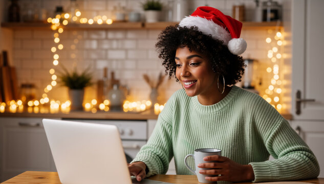 Smiling young african american woman in a Santa hat using a laptop during Christmas. Happy black person working or shopping online in a festive home kitchen. Winter holiday concept