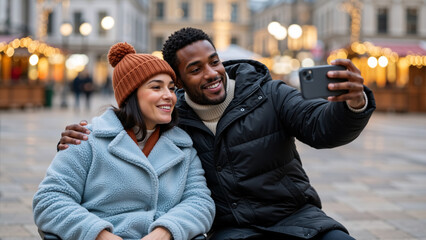 Happy interracial couple with a woman in a wheelchair taking a selfie at a Christmas market. Inclusive relationship and love during winter holidays. Diversity and accessibility concept