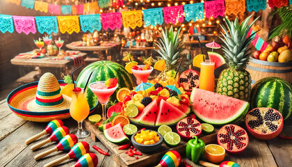 Naklejka premium Vibrant Fruit and Drink Display with Festive Accessories