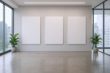 Fototapeta premium Modern Office Interior with Three Blank Canvas Frames for Artwork Mockup, Minimalist Design and Urban View