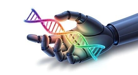 A robotic hand delicately holds a vibrant, colorful representation of DNA.